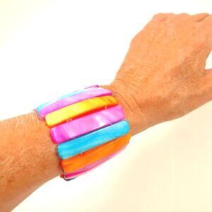 Abalone Shell Colorful Bracelet Stretch Wide Cuff Elastic Rainbow Colorful